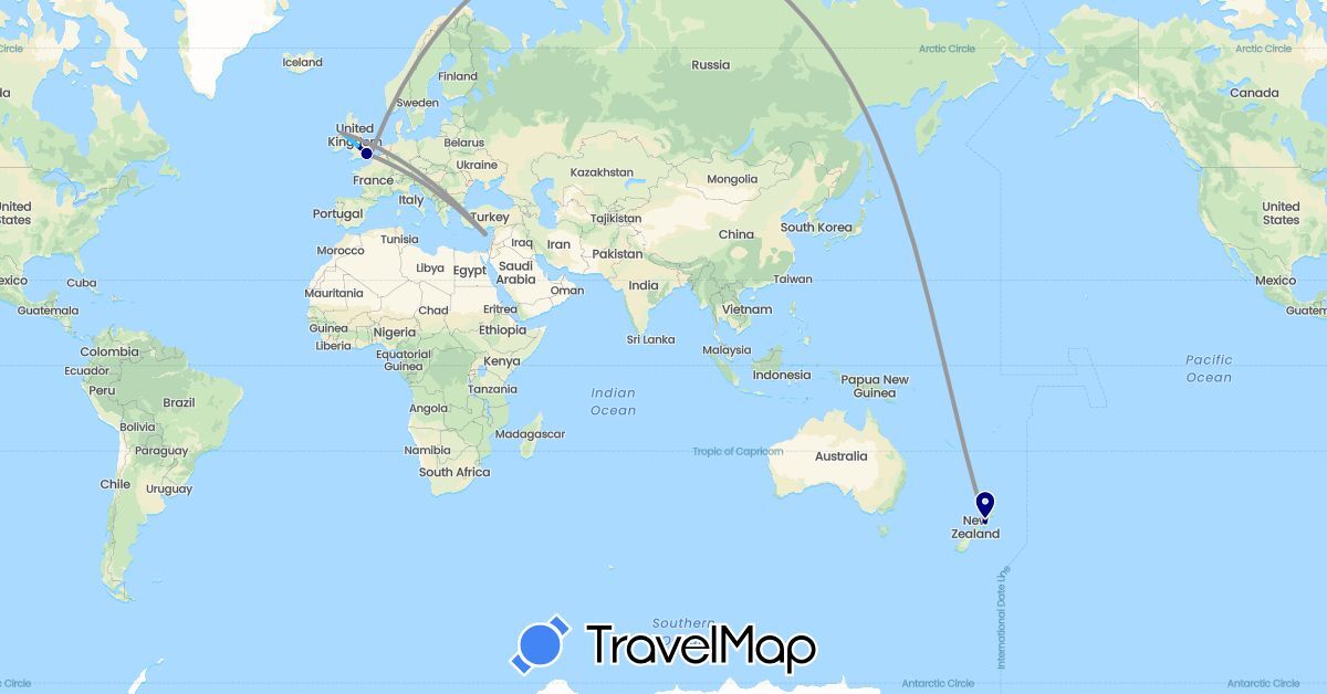 TravelMap itinerary: driving, plane, boat in Cyprus, United Kingdom, New Zealand (Asia, Europe, Oceania)